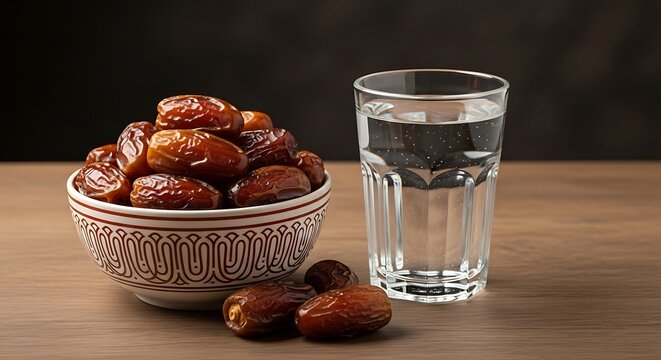  A decorative bowl of dates with a glass of water on a wooden surface, symbolizing the traditional way of breaking fast during Ramadan.