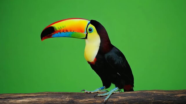 Colorful Toucan Bird Perched on a Log with Green Screen Background Stock Video