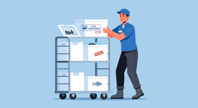 Delivery worker pushing a cart loaded with live seafood and fragile packages