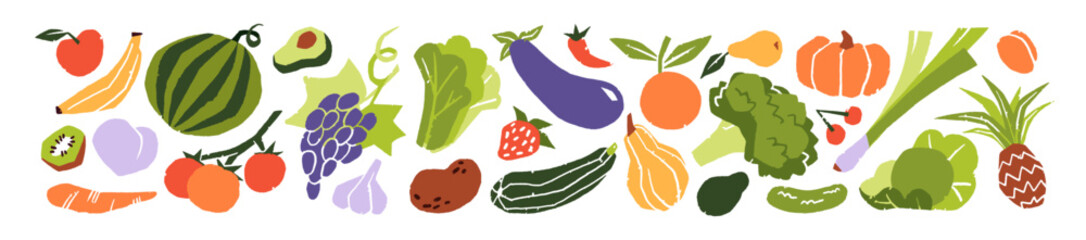 Doodle set of different fresh tropical fruits and natural vegetables. Healthy farm food, organic autumn harvest. Various agricultural crops. Flat isolated hand drawn vector illustrations on white © Paper Trident