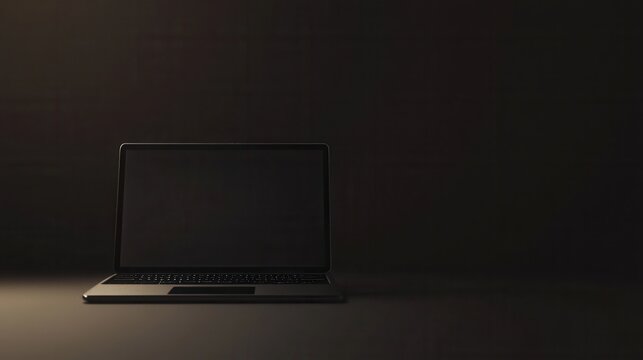 Dark silhouette laptop on black desk. Lowkey lighting renders device nearly invisible, emphasizing secrecy and privacy. Blank screen and deep shadows create cinematic contrast ideal