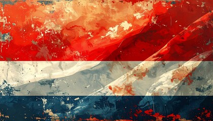 Artistic, abstract representation of a flag with red, white, and blue hues