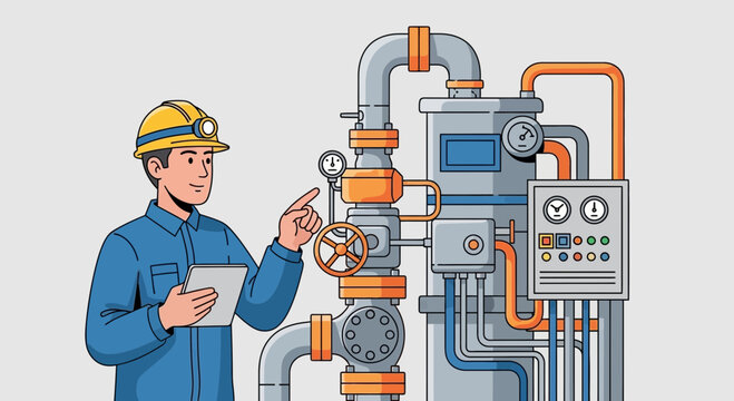 Engineer inspecting complex industrial machinery and control panel with a tablet in a factory setting