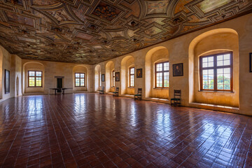 Svihov Castle great hall with historic ornate ceiling
