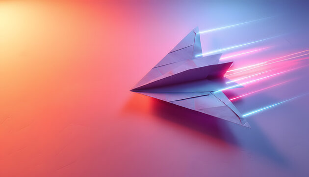 A paper airplane with vibrant light trails flying across a colorful gradient background, symbolizing speed and progress.