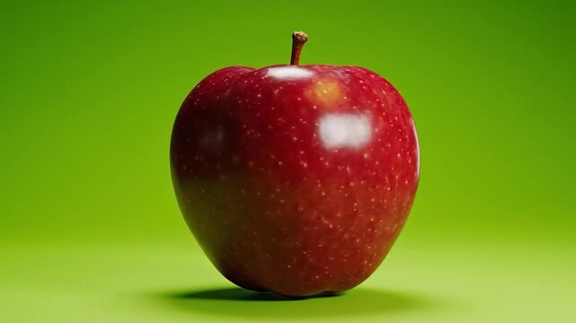 A shiny, red apple with a brown stem sits against a green gradient background