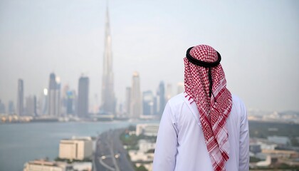 Man in traditional Arabic clothing looking at Dubai skyline.