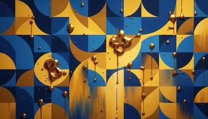 Artistic abstract with gold dripping against a repeating geometric blue and yellow pattern
