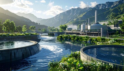 Obraz premium Scenic Water Treatment Plant Amidst Lush Greenery and Majestic Mountains.