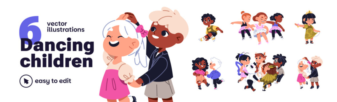 Children dance set. Child group of dancers performs ballet, breakdance together. Happy kids have fun with music. Cute little girls and boys at the disco. Flat isolated vector illustrations on white