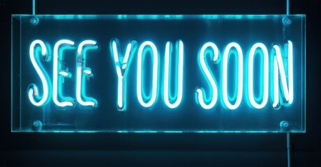 Obraz premium Bright neon sign displays See You Soon. Dark background emphasizes glowing blue text. Simple rectangular frame holds message.