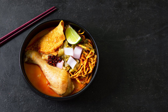 Khao Soi Kai, Thai Noodles Khao Soi Chicken,Thai food,Northern Thai food concept. (Lanna food)