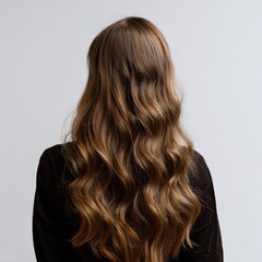 Fototapeta premium Young caucasian female with long wavy brown hair from behind