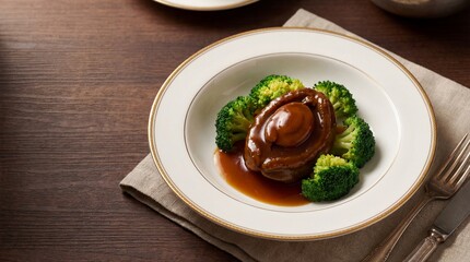 Braised Abalone: Whole Braised Abalone in oyster sauce, served with broccoli, glossy brown sauce, high-end fine dining presentation, elegant china, copy space for text.
