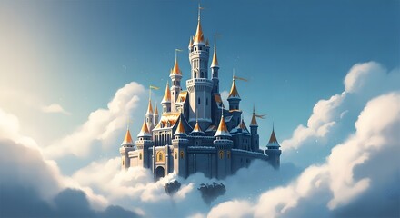 Obraz premium Majestic castle in the sky with fluffy white clouds