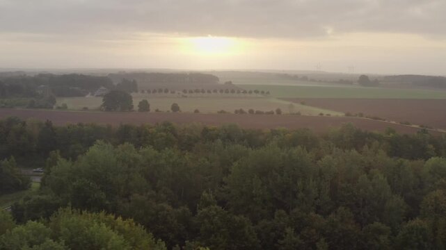 The sun sets behind a dense forest belt near L&uuml;neburg. Soft, diffused light breaks through the clouds, illuminating the vast, flat landscape in subtle shades of grey and gold.
