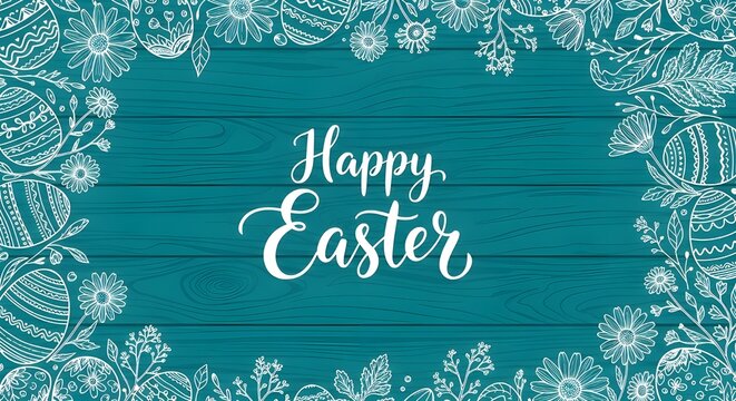 Happy Easter text framed by decorative Easter eggs and floral elements on teal wood