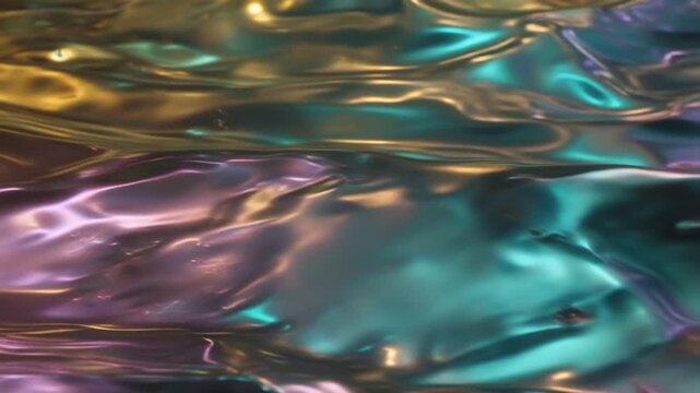 4K cinematic video, reflective liquid metal surface dynamically moving, metallic gradients shifting between gold violet teal pink mesmerizing waves ambient light reflections sparkling particle ripples