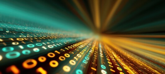 Fototapeta premium The Binary Data Stream Tunnel Racing Through Glowing Futuristic Code and Network Lights