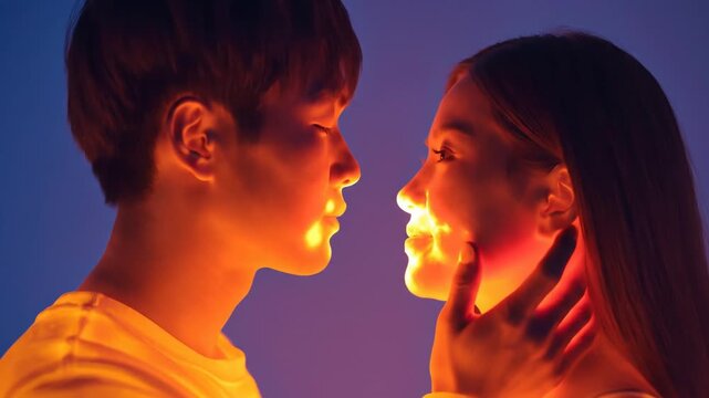 Surreal shot of a young Asian couple kissing, with their faces and bodies glowing with warm, golden light upon contact, representing the spark of love, soulmate connection, and magical attraction.