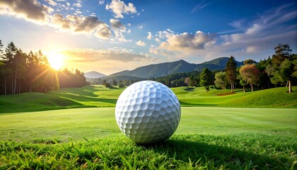 Golf ball on a green course at sunset with mountains in the background.