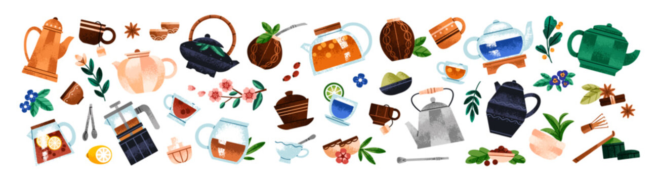 Tea ceremony items set. Different teapots and teacups. Kettles, infusers and pots for preparing Chinese herbal drinks. Cups and mugs of beverages, matcha. Flat isolated vector illustrations on white