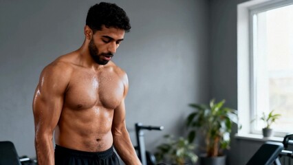 Obraz premium Muscular middle eastern adult man in home gym, focused strength training mindset and body transformation, fitness routine for new year goals and wellness