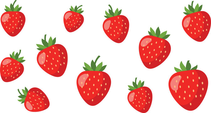 Set of fresh red strawberry illustrations isolated on white background, cute cartoon style vector elements for fruit, food, summer, and healthy nutrition designs