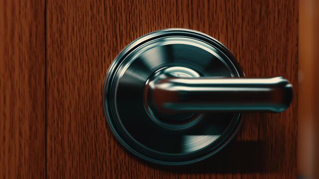 Quiet moments responsibilityclosure calm hallway with polished metal door handle wooden door reflecting soft light, peaceful corridor interior, calm perspective, metal reflection, quiet moments
