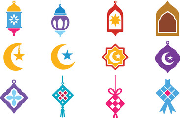 Ramadan and Eid decorative lantern crescent ketupat ornament flat paper cut decorations icon set
