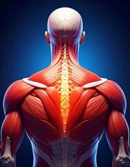 Artistic anatomical depiction of the human back, highlighting muscles, spine, and internal structures