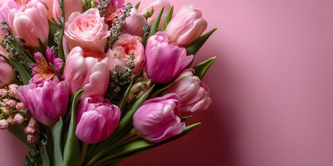 Obraz premium Pink and magenta tulip bouquet with green stems arranged on pastel pink background, perfect for greeting cards, floral-themed ads