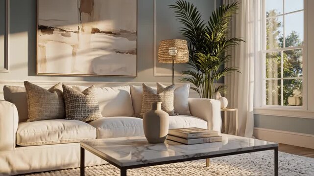 Cozy living room with white couch and pillows isolated on white background