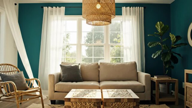 Bohemian living room with beige couch and wooden coffee table and blue walls