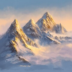 Snowy Mountain Peaks At Sunrise