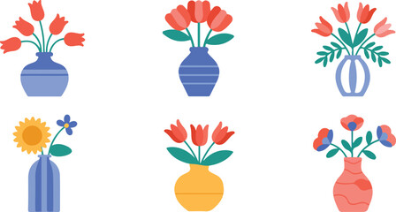 Modern Flower Vase Line Art Set with Decorative Pots and Floral Bouquets