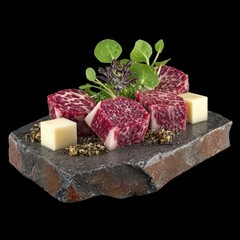 Sliced Wagyu Beef Cubes On Stone Plate