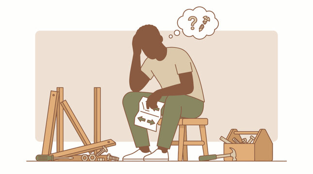 Stressed Man Confused by DIY Furniture Assembly. Frustration, Complex Instructions, and Home Improvement Struggle Illustration.