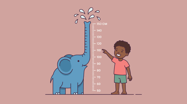 Happy African American Boy Measuring Height on Cute Elephant Growth Chart. Fun Kids Stadiometer Ruler Illustration for Nursery Decor or Milestones.