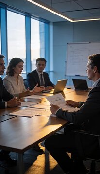 Business meeting in conference room with teamwork discussion, laptop and document review, strategy negotiation at conference table near window, professional collaboration beside whiteboard at sunset