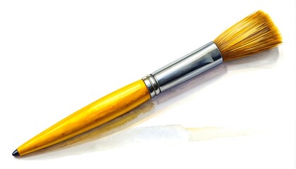Artistic, angled paint brush with a yellow handle, metal ferrule, and brown bristles