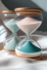 Hourglass filled with pastel colored Easter eggs. Generative Ai