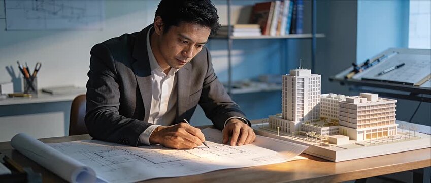 Architect man blueprint model office design architecture project drawing planning, focused professional drafting engineer sketching floor plan beside scale building maquette, warm evening studio light