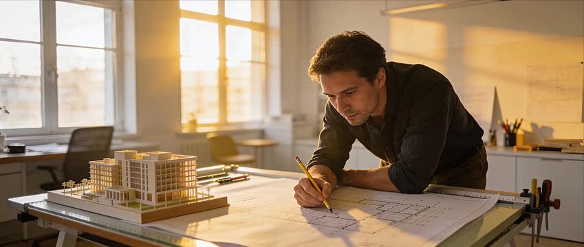 Architect blueprint drafting office sunlight, scale model design renovation planning, professional sketching floor plan beside building model in bright modern studio workspace during warm sunset