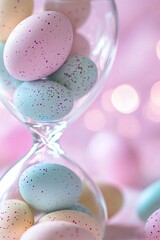 Hourglass filled with pastel colored Easter eggs. Generative Ai