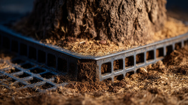 Perforated plastic grate around a tree trunk protecting roots and retaining mulch neat modular base.