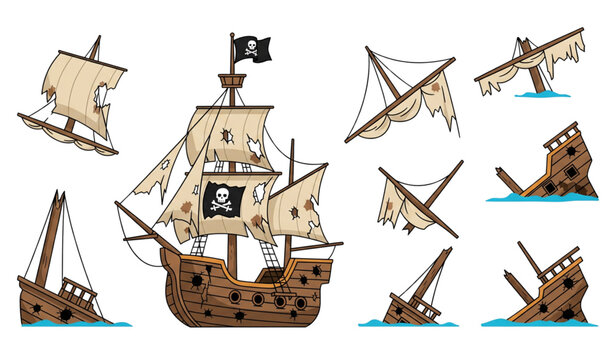 Sunken pirate shipwreck cartoon vector set with broken sail boats isolated on white background