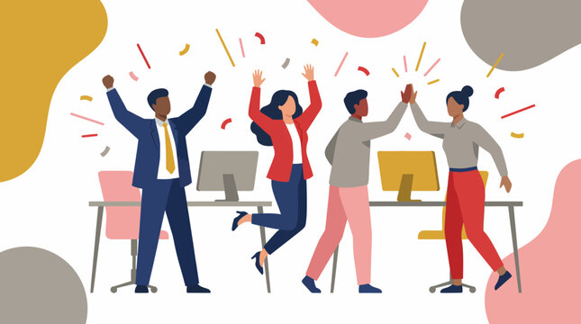 Diverse Business Team Celebrating Success and Achievement in Office. Flat Vector Illustration of Winning Teamwork and High-Five.
