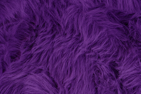 Close up view of luxurious deep purple shaggy faux fur textile fabric material plush soft background