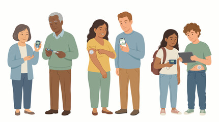 Fototapeta premium Diverse Group Managing Diabetes: Illustration of People Using CGM, Insulin Pumps, Glucometers, and Insulin Pens for Blood Sugar Monitoring.